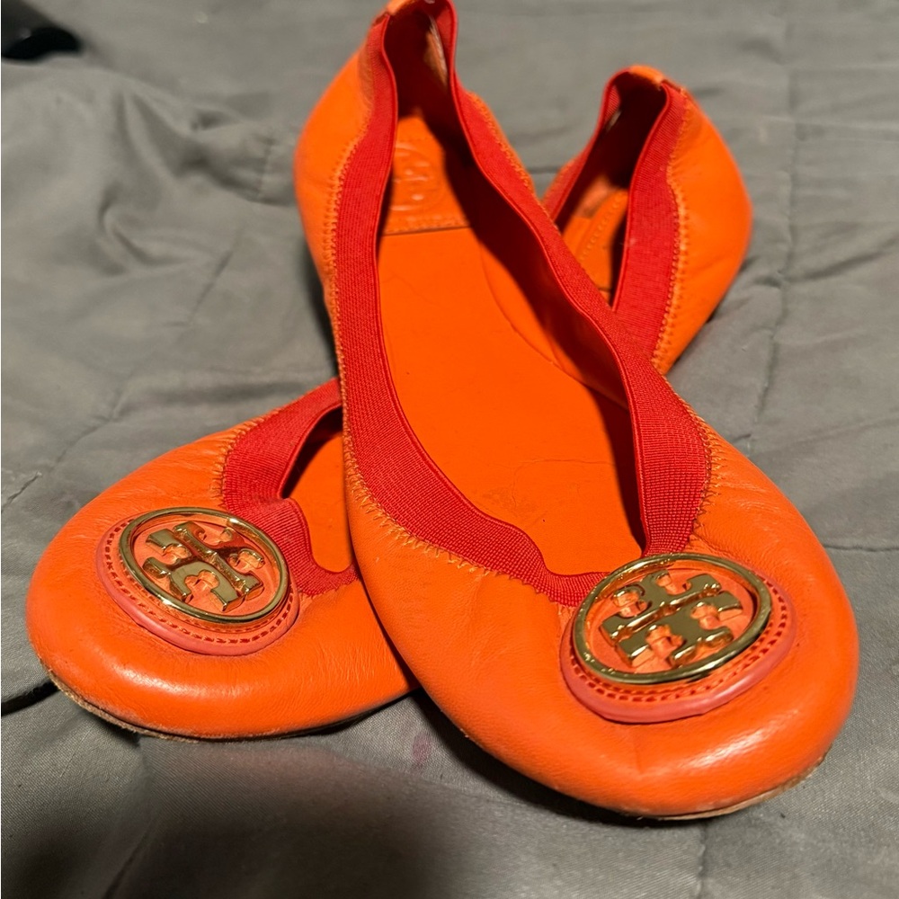 Tory Burch Vibrant Orange Flats with Gold Accents